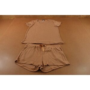 Not Tired Womens XL Mocha Rib Knit 2 Piece Short Sleeve Tee & Shorts PJ Set New